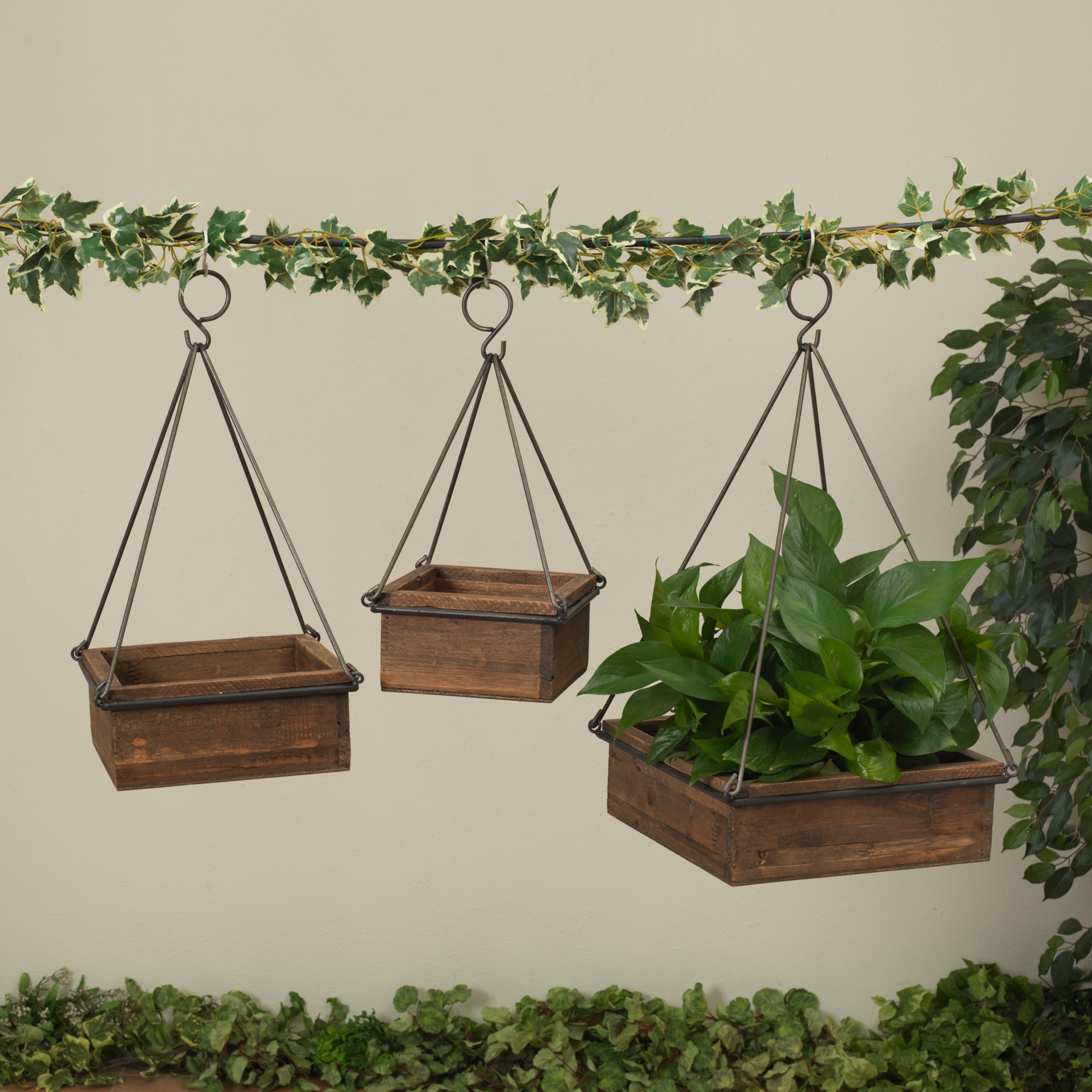 Set of 3 Square Rustic Wood and Metal Planters